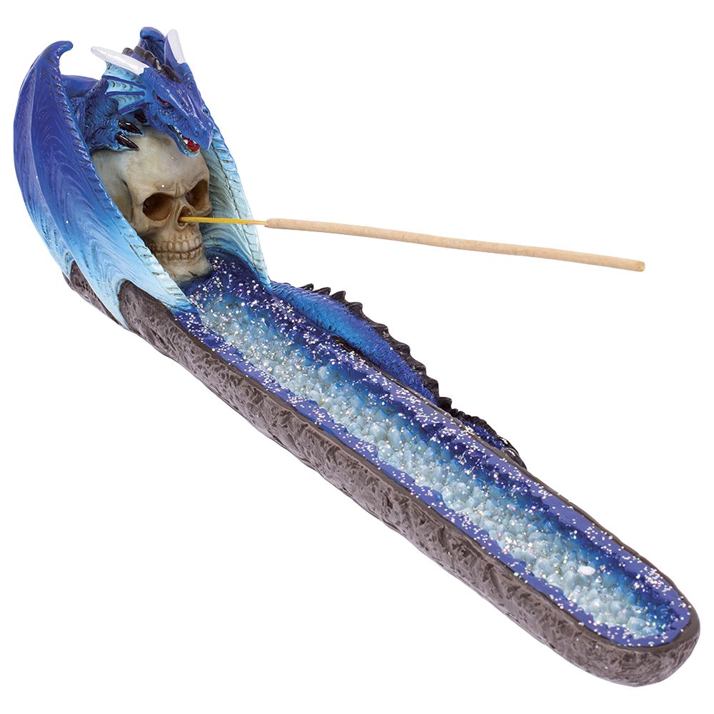 Fujima Blue Dragon on Skull Crystal Incense Burner - 11"