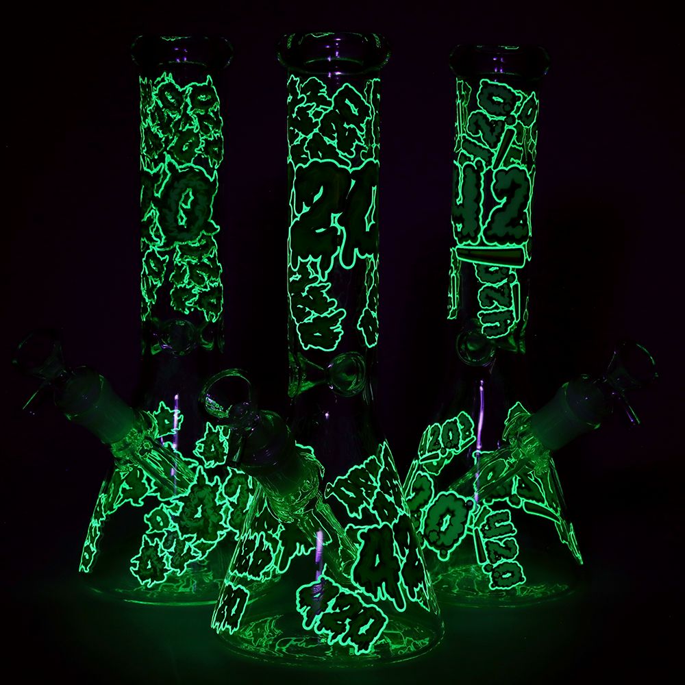 420 Clouds Glow In The Dark Beaker Glass Water Pipe - 10" / 14mm F / Colors Vary