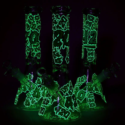 420 Clouds Glow In The Dark Beaker Glass Water Pipe - 10" / 14mm F / Colors Vary